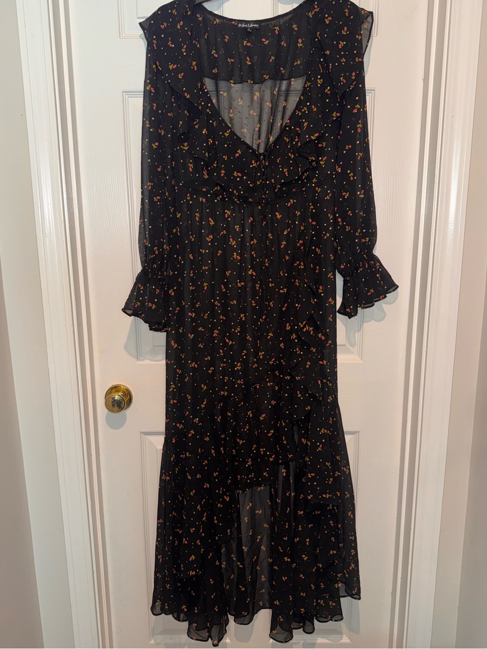 For Love & Lemons Black Long Sleeve Floral Sheer High-Low Midi Dress. Size S